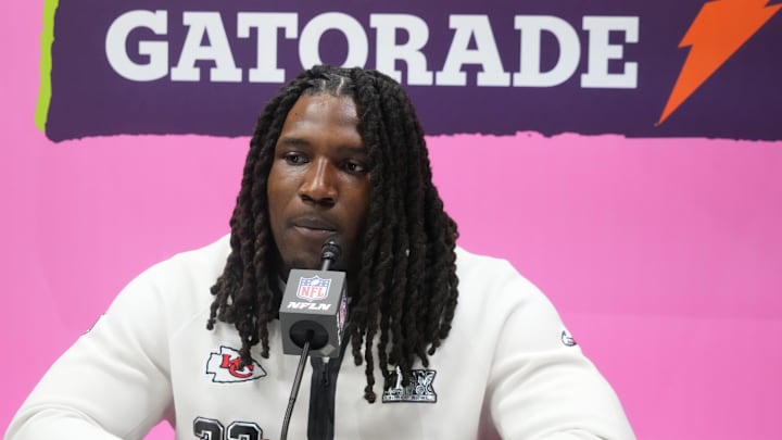 Feb 3, 2025; New Orleans, LA, USA;  Kansas City Chiefs linebacker Nick Bolton (32) during Super Bowl LIX Opening Night at Ceasars Superdome. Mandatory Credit: Kirby Lee-Imagn Images