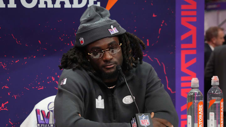 Feb 5, 2024; Las Vegas, NV, USA; San Francisco 49ers wide receiver Brandon Aiyuk (11) during Super Bowl LVIII Opening Night at Allegiant Stadium. Mandatory Credit: Kirby Lee-USA TODAY Sports Feb 5, 2024; Las Vegas, NV, USA; San Francisco 49ers wide receiver Brandon Aiyuk (11) during Super Bowl LVIII Opening Night at Allegiant Stadium. Mandatory Credit: Kirby Lee-USA TODAY Sports