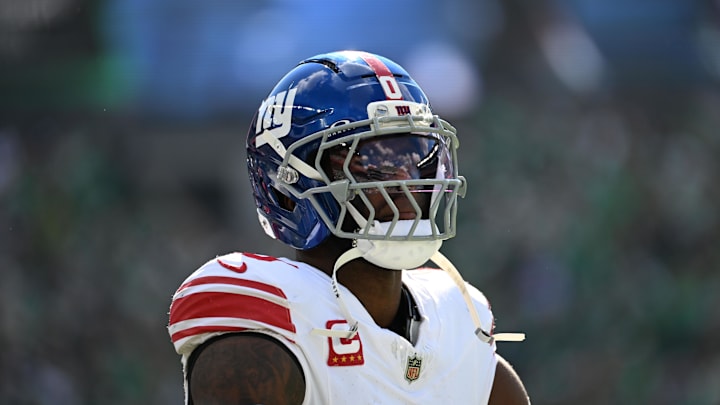 Oct 26, 2025; Philadelphia, Pennsylvania, USA; New York Giants linebacker Brian Burns (0) looks on in the first quarter against the Philadelphia Eagles at Lincoln Financial Field.