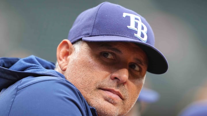 Tampa Bay Rays manager Kevin Cash (16) watches first inning action against the Baltimore Orioles at Oriole Park at Camden Yards. 
