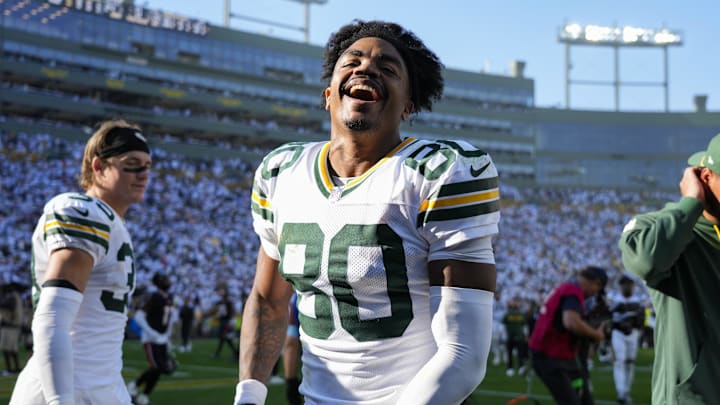 Green Bay Packers wide receiver Bo Melton celebrates as he runs off the field following the game against the Houston Texans. Green Bay Packers wide receiver Bo Melton celebrates as he runs off the field following the game against the Houston Texans.