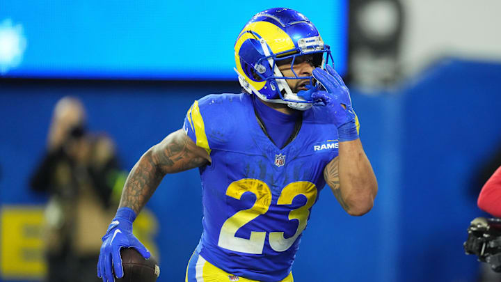 Dec 21, 2023; Inglewood, California, USA; Los Angeles Rams running back Kyren Williams (23) reacts