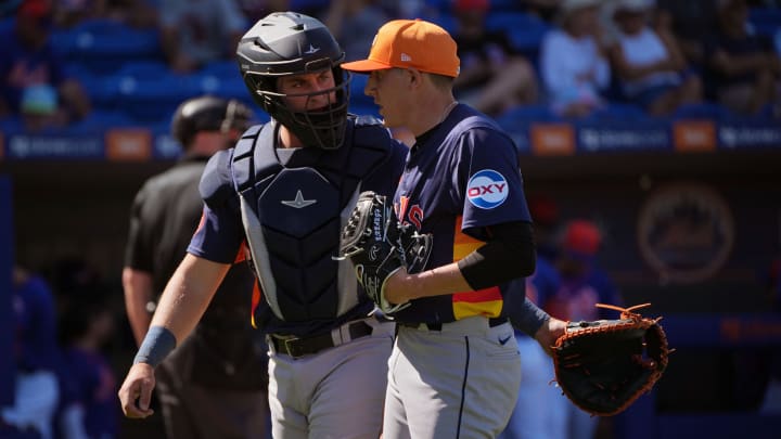 Feb 25, 2024; Port St. Lucie, Florida, USA; Houston Astros catcher CJ Stubbs (80) and pitcher AJ Blubaugh (69) meet as they walk back to the dugout during the game against the New York Mets at Clover Park. Feb 25, 2024; Port St. Lucie, Florida, USA; Houston Astros catcher CJ Stubbs (80) and pitcher AJ Blubaugh (69) meet as they walk back to the dugout during the game against the New York Mets at Clover Park.