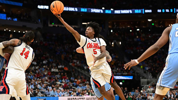 Mar 21, 2025; Milwaukee, WI, USA; Mississippi Rebels guard Jaylen Murray (5) shoots during the second half of a first round NCAA men’s tournament game against the North Carolina Tar Heels at Fiserv Forum. Mandatory Credit: Benny Sieu-Imagn Images