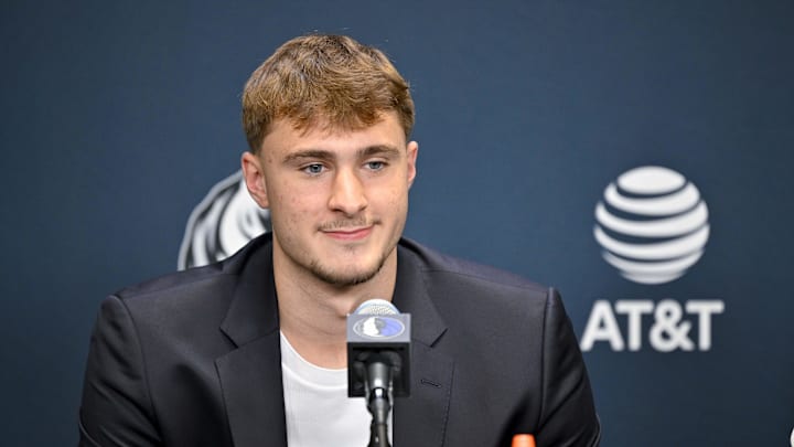 Dallas Mavericks first overall pick Cooper Flagg speaks to the media during a press conference.