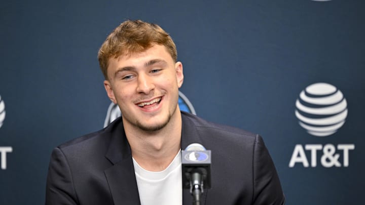 Dallas Mavericks first overall pick Cooper Flagg speaks to the media during a press conference.