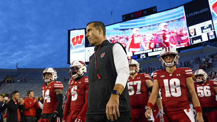 Oct 26, 2024; Madison, Wisconsin, USA;  Wisconsin Badgers head coach Luke Fickell prior to the game against the Penn State Nittany Lions at Camp Randall Stadium. Mandatory Credit: Jeff Hanisch-Imagn Images
