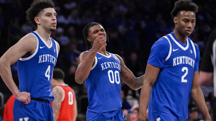 Dec 21, 2024; New York, New York, USA; Kentucky Wildcats guard Otega Oweh (00) reacts during the second half against the Ohio State Buckeyes at Madison Square Garden. Mandatory Credit: John Jones-Imagn Images