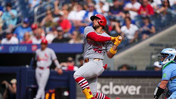 Aug 1, 2026; Toronto, Ontario, CAN;  St. Louis Cardinals designated hitter Iván Herrera (48) hits a double against the Toronto Blue Jays during the sixth inning at Rogers Centre. Mandatory Credit: Kevin Sousa-Imagn Images