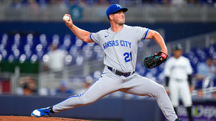 Jun 5, 2023; Miami, Florida, USA; Kansas City Royals relief pitcher Mike Mayers (21) throws a pitch