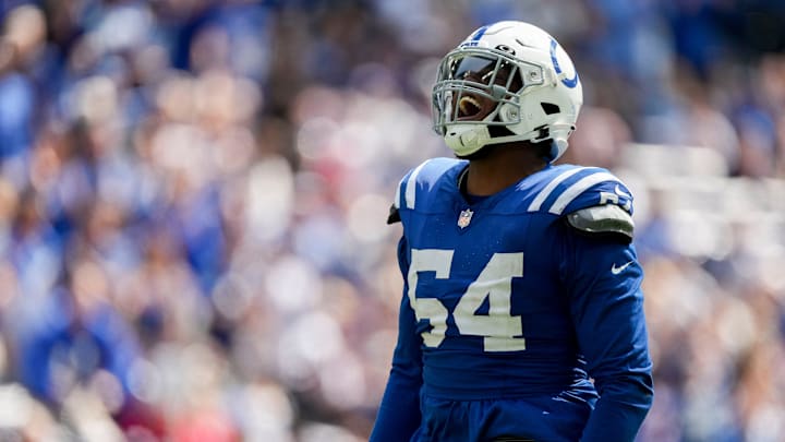 Indianapolis Colts defensive end Dayo Odeyingbo (54) reacts after sacking Houston Texans quarterback C.J. Stroud (7) on Sunday, Sept. 8, 2024, during a game against the Houston Texans at Lucas Oil Stadium in Indianapolis. Indianapolis Colts defensive end Dayo Odeyingbo (54) reacts after sacking Houston Texans quarterback C.J. Stroud (7) on Sunday, Sept. 8, 2024, during a game against the Houston Texans at Lucas Oil Stadium in Indianapolis.