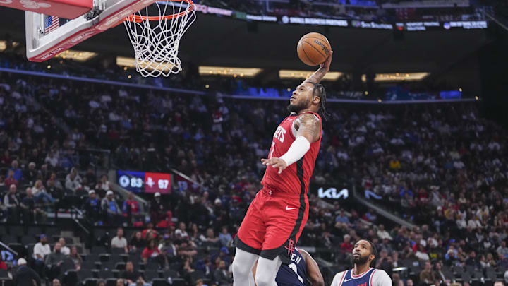Apr 9, 2025; Inglewood, California, USA; Houston Rockets guard Cam Whitmore (7) dunks against the Los Angeles Clippers in the second half at Intuit Dome. Mandatory Credit: Kirby Lee-Imagn Images