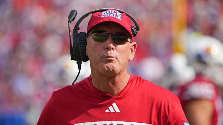 Sep 28, 2024; Kansas City, Missouri, USA; Kansas Jayhawks head coach Lance Leipold on field against the TCU Horned Frogs during the first half at GEHA Field at Arrowhead Stadium. Mandatory Credit: Denny Medley-Imagn Images