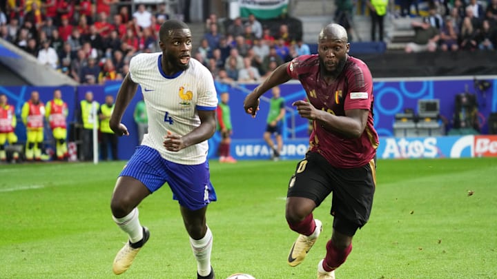 Bayern Munich defender Dayot Upamecano in action for France against Belgium's Romelu Lukaku.