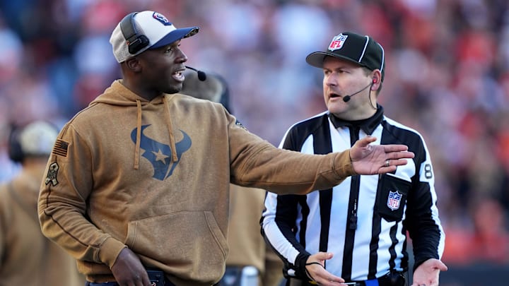 Houston Texans head coach DeMeco Ryan argues with an official in the fourth quarter of a Week 10 NFL