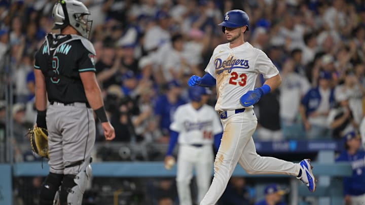 Mar 28, 2026; Los Angeles, California, USA; Los Angeles Dodgers right fielder Kyle Tucker (23) scores during the sixth inning against the Arizona Diamondbacks at Dodger Stadium. Mandatory Credit: Jayne Kamin-Oncea-Imagn Images Mar 28, 2026; Los Angeles, California, USA; Los Angeles Dodgers right fielder Kyle Tucker (23) scores during the sixth inning against the Arizona Diamondbacks at Dodger Stadium. Mandatory Credit: Jayne Kamin-Oncea-Imagn Images