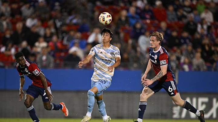 Nov 9, 2024; Frisco, Texas, USA; Philadelphia Union II forward Sal Olivas (55) and North Texas SC defender Mads Westergeren (6) chase the ball during the 2024 MLS NEXT Pro Cup between Philadelphia Union II and North Texas SC at Toyota Stadium. Mandatory Credit: Jerome Miron-Imagn Images