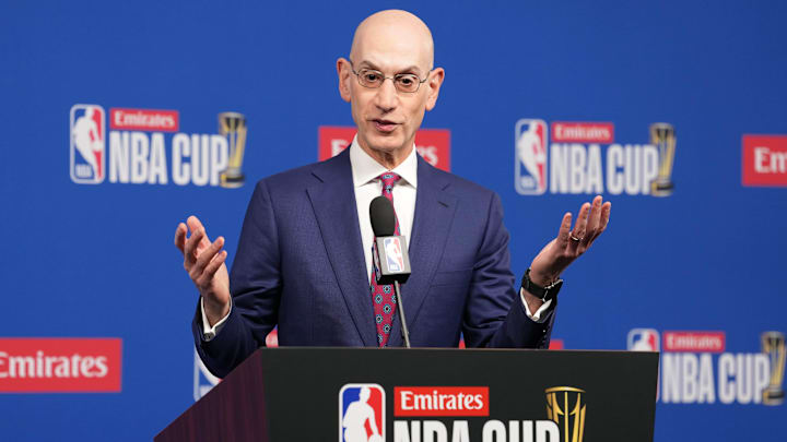 Dec 16, 2025; Las Vegas, Nevada, USA; NBA commissioner Adam Silver speaks during press conference at the Emirates NBA Cup Final at T-Mobile Arena. Mandatory Credit: Kirby Lee-Imagn Images