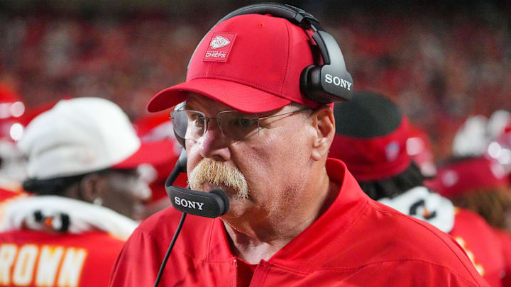 Aug 22, 2025; Kansas City, Missouri, USA; Kansas City Chiefs head coach Andy Reid on the sidelines against the Chicago Bears during the first half of the game at GEHA Field at Arrowhead Stadium. Mandatory Credit: Denny Medley-Imagn Images