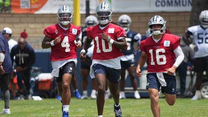 Dallas Cowboys quarterbacks Dak Prescott (4), Joe Milton (10) and Sam Howell (16) run at training camp at River Ridge Playing Fields. Mandatory Credit: Kirby Lee-Imagn Images Dallas Cowboys quarterbacks Dak Prescott (4), Joe Milton (10) and Sam Howell (16) run at training camp at River Ridge Playing Fields. Mandatory Credit: Kirby Lee-Imagn Images