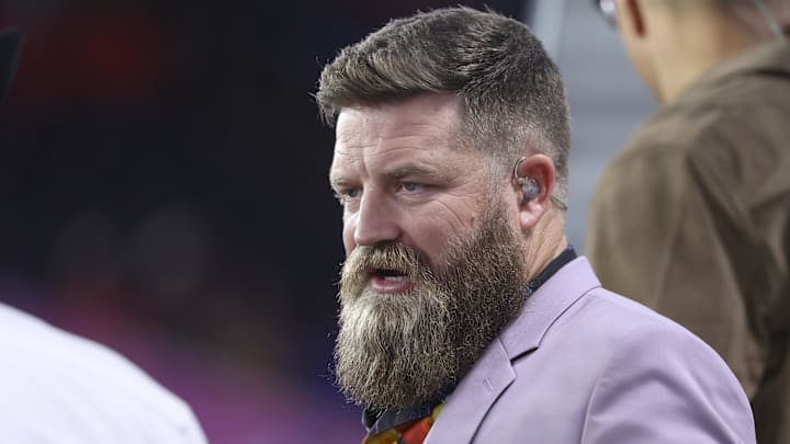 Nov 20, 2025; Houston, Texas, USA; Television analyst Ryan Fitzpatrick talks before the game between the Houston Texans and the Buffalo Bills at NRG Stadium. Mandatory Credit: Troy Taormina-Imagn Images