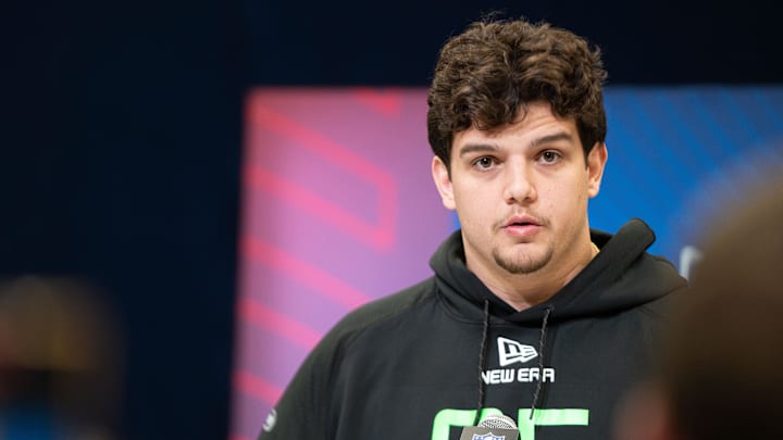 Mar 1, 2025; Indianapolis, IN, USA; Louisiana State University offensive lineman Will Campbell (OL05) answers questions at a press conference during the 2025 NFL Combine at Indiana Convention Center. Mandatory Credit: Jacob Musselman-Imagn Images