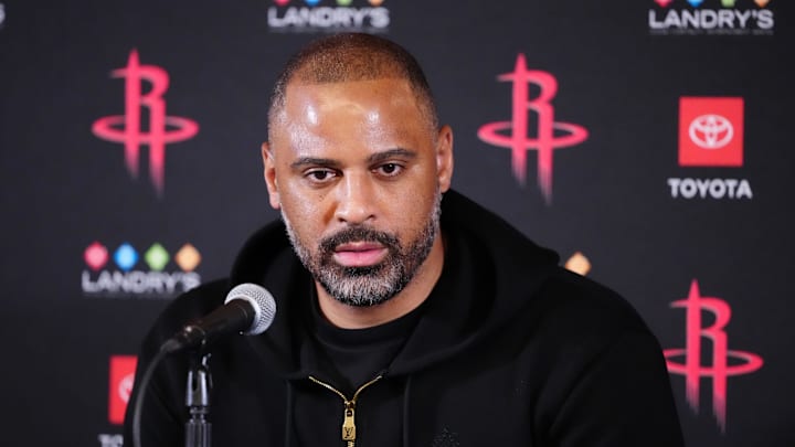 Houston Rockets coach Ime Udoka at a press conference before a game against the LA Clippers at the Intuit Dome. Houston Rockets coach Ime Udoka at a press conference before a game against the LA Clippers at the Intuit Dome.