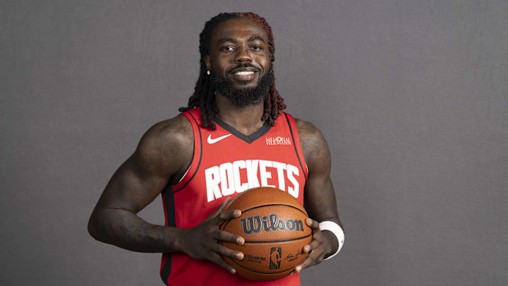 Sep 29, 2025; Houston, TX, USA;  Houston Rockets guard Kevon Harris (00) poses for a picture during Houston Rockets media day at Toyota Center. Mandatory Credit: Troy Taormina-Imagn Images