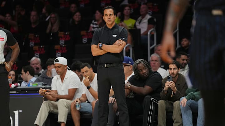 Oct 23, 2024; Miami, Florida, USA;  Miami Heat head coach Erik Spoelstra looks on during the first half against the Orlando Magic at Kaseya Center. Mandatory Credit: Jim Rassol-Imagn Images