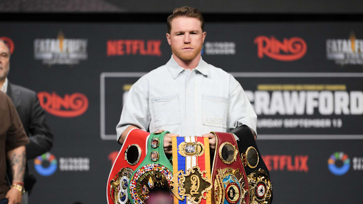 CANELO ALVAREZ during a June 26, 2025 press conference. CANELO ALVAREZ during a June 26, 2025 press conference.
