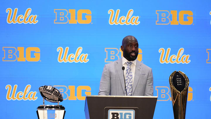 Jul 24, 2025; Las Vegas, NV, USA; UCLA head coach DeShaun Foster speaks to the media during the Big Ten NCAA college football media days at Mandalay Bay Resort. Mandatory Credit: Lucas Peltier-Imagn Images