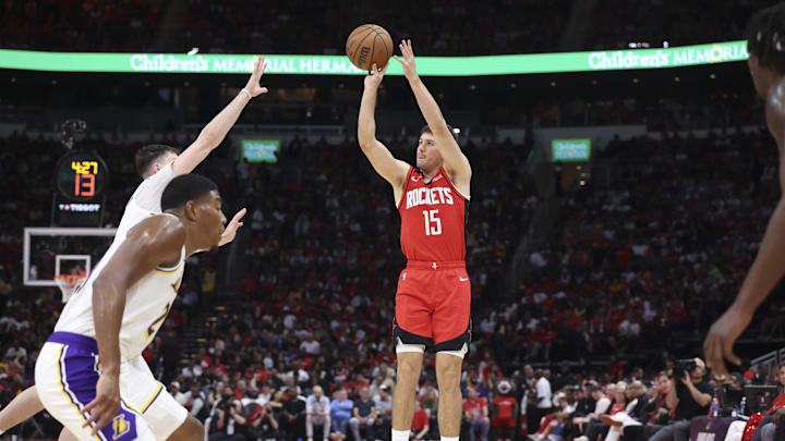 Apr 26, 2026; Houston, Texas, USA; Houston Rockets guard Reed Sheppard (15) shoots the ball during the second quarter against the Los Angeles Lakers during game four of the first round of the 2026 NBA Playoffs at Toyota Center. Mandatory Credit: Troy Taormina-Imagn Images