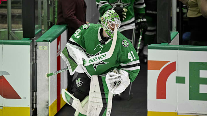 Apr 11, 2024; Dallas, Texas, USA; Dallas Stars goaltender Scott Wedgewood (41) skate in warms up prior to a game against against the Winnipeg Jets at the American Airlines Center. Mandatory Credit: Jerome Miron-Imagn Images