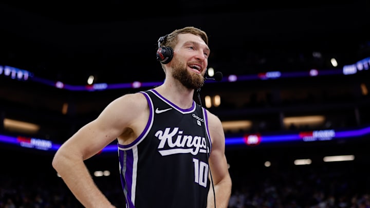 Mar 25, 2024; Sacramento, California, USA; Sacramento Kings forward Domantas Sabonis (10) is interviewed after a game against the Philadelphia 76ers at Golden 1 Center. Mandatory Credit: Sergio Estrada-Imagn Images