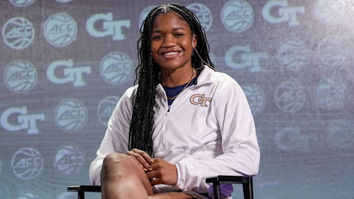 Oct 24, 2023; Charlotte, NC, USA; Georgia Tech player Kara Dunn during the ACC Women s Tipoff at Hilton Charlotte Uptown. Mandatory Credit: Jim Dedmon-Imagn Images Oct 24, 2023; Charlotte, NC, USA; Georgia Tech player Kara Dunn during the ACC Women s Tipoff at Hilton Charlotte Uptown. Mandatory Credit: Jim Dedmon-Imagn Images