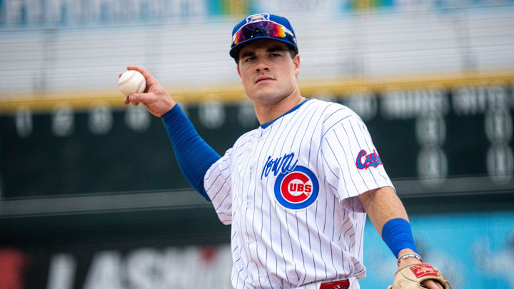 Iowa Cubs third baseman Matt Shaw throws the ball during a game against Columbus on Thursday, Aug. 15, 2024, at Principal Park in Des Moines. Iowa Cubs third baseman Matt Shaw throws the ball during a game against Columbus on Thursday, Aug. 15, 2024, at Principal Park in Des Moines.