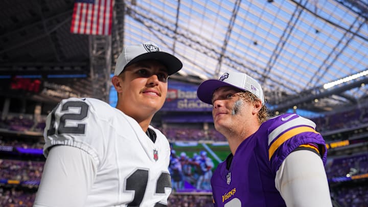 Aug 10, 2024; Minneapolis, Minnesota, USA; Minnesota Vikings quarterback J.J. McCarthy (9) and Las Vegas Raiders quarterback Aidan O'Connell (12) talk after the game at U.S. Bank Stadium. Mandatory Credit: Brad Rempel-Imagn Images Aug 10, 2024; Minneapolis, Minnesota, USA; Minnesota Vikings quarterback J.J. McCarthy (9) and Las Vegas Raiders quarterback Aidan O'Connell (12) talk after the game at U.S. Bank Stadium. Mandatory Credit: Brad Rempel-Imagn Images