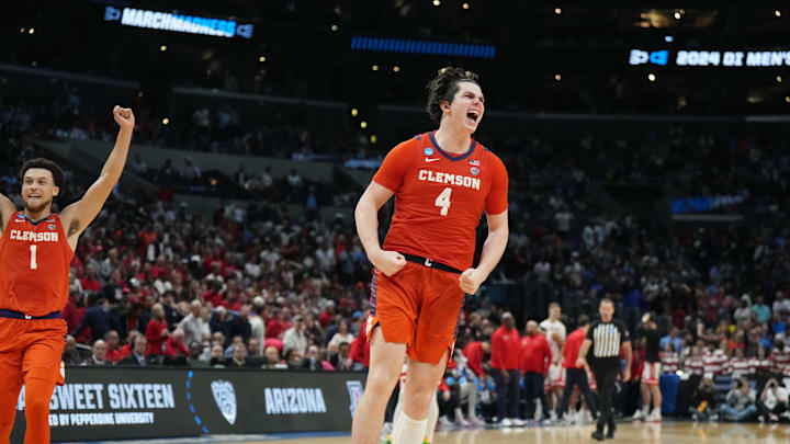 Mar 28, 2024; Los Angeles, CA, USA; Clemson Tigers forward Ian Schieffelin (4) celebrates in the