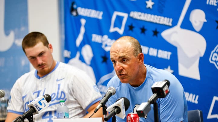 Jun 8, 2025; Chapel Hill, NC, USA;  North Carolina head coach Scott Forbes during an interview with the media after a Super Regionals game against North Carolina in Chapel Hill, North Carolina. Scott Forbes also celebrates his 200th win. Mandatory Credit: Jaylynn Nash-Imagn Images