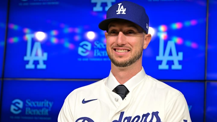 Los Angeles Dodgers right fielder Kyle Tucker (23) is introduced to the media during a news conference at Dodger Stadium. 