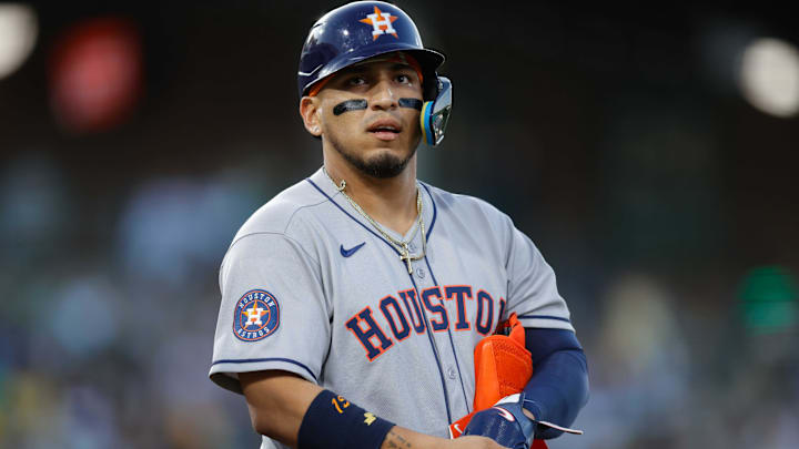 Jun 19, 2025; West Sacramento, California, USA; Houston Astros third baseman Isaac Paredes (15) looks on during the game against the Athletics at Sutter Health Park. Mandatory Credit: Sergio Estrada-Imagn Images