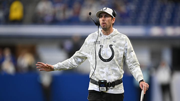 Nov 10, 2024; Indianapolis, Indiana, USA;  Indianapolis Colts Indianapolis Colts head coach Shane Steichen walks on the field during the second half against the Buffalo Bills at Lucas Oil Stadium. Mandatory Credit: Marc Lebryk-Imagn Images