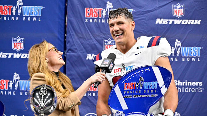 Jan 27, 2026; Frisco, TX, USA; NFL reporter Jane Slater interviews defensive MVP East edge rusher Mason Reiger (22) after the game at the Ford Center at the Star. Mandatory Credit: Jerome Miron-Imagn Images