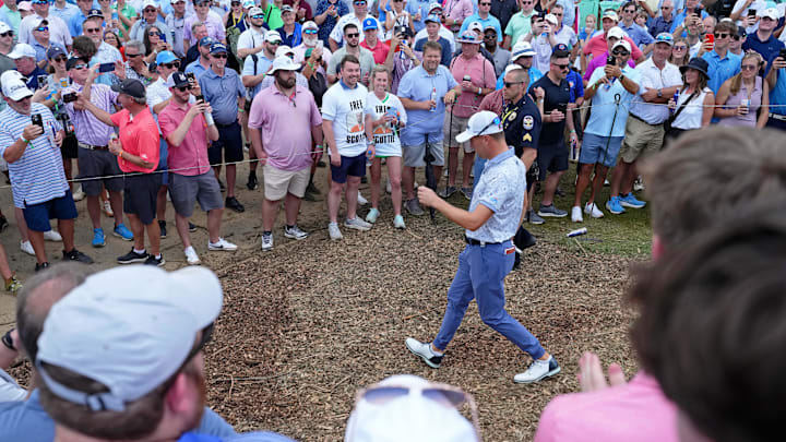 May 18, 2024; Louisville, Kentucky, USA; Justin Thomas walks to the eighth teeduring the third round