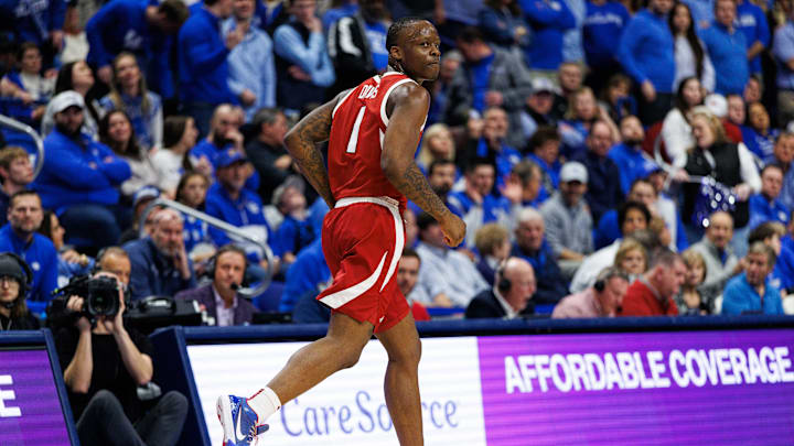 Feb 1, 2025; Lexington, Kentucky, USA; Arkansas Razorbacks guard Johnell Davis (1) runs down the court after making a three-point basket during the first half against the Kentucky Wildcats at Rupp Arena at Central Bank Center. Mandatory Credit: Jordan Prather-Imagn Images