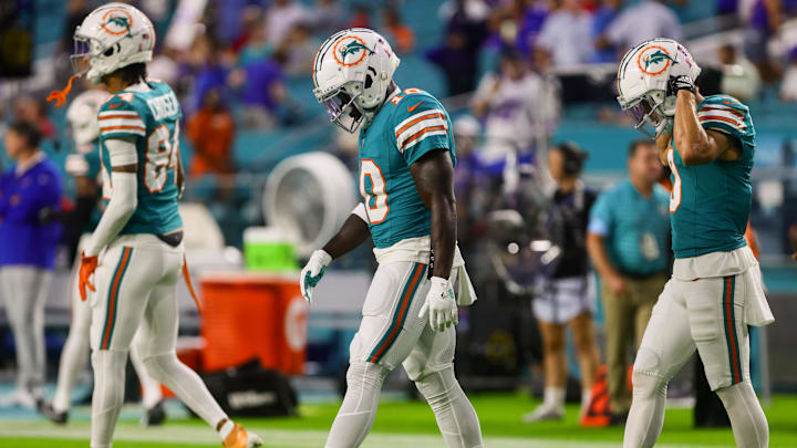Sep 12, 2024; Miami Gardens, Florida, USA; Miami Dolphins wide receiver Tyreek Hill (10) walks on the field before the game against the Buffalo Bills at Hard Rock Stadium. Mandatory Credit: Sam Navarro-Imagn Images