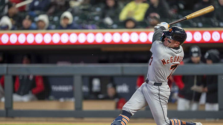 Apr 6, 2026; Minneapolis, Minnesota, USA; Detroit Tigers shortstop Kevin McGonigle (7) hits a double against the Minnesota Twins in the fourth inning at Target Field. Mandatory Credit: Jesse Johnson-Imagn Images Apr 6, 2026; Minneapolis, Minnesota, USA; Detroit Tigers shortstop Kevin McGonigle (7) hits a double against the Minnesota Twins in the fourth inning at Target Field. Mandatory Credit: Jesse Johnson-Imagn Images