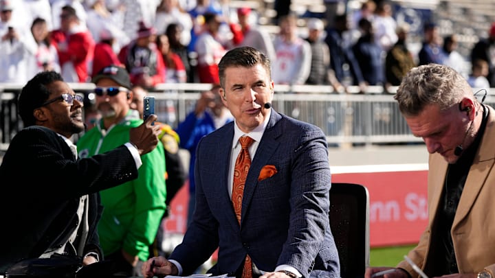 Rece Davis prepares to broadcast from the field on the ESPN College Gameday set prior to the NCAA football game between the Penn State Nittany Lions and the Ohio State Buckeyes at Beaver Stadium in University Park, Pa. on Saturday, Nov. 2, 2024.