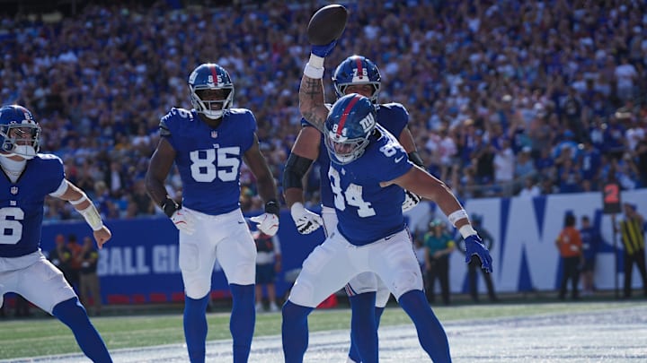 New York Giants tight end Theo Johnson (84) celebrates after scoring a touchdown during a game against the Los Angeles Chargers at MetLife Stadium, Sep 28, 2025, East Rutherford, NJ, USA. New York Giants tight end Theo Johnson (84) celebrates after scoring a touchdown during a game against the Los Angeles Chargers at MetLife Stadium, Sep 28, 2025, East Rutherford, NJ, USA.