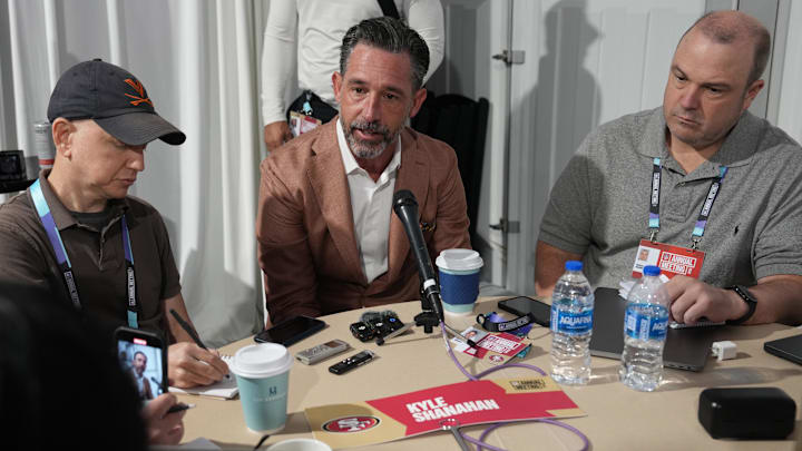Apr 1, 2025; Palm Beach, FL, USA;  San Francisco 49ers head coach Kyle Shanahan answers questions from the media during the NFL Annual League Meeting at The Breakers. Mandatory Credit: Jim Rassol-Imagn Images